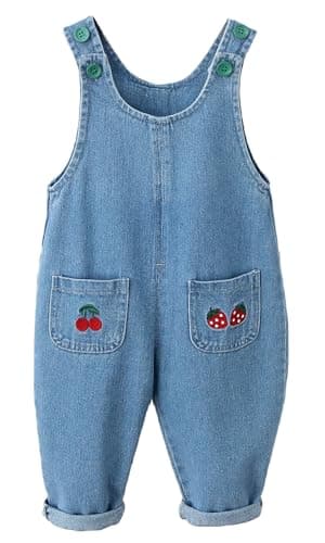 Image of FEOYA Toddler Girls Boys Overalls Cotton Denim Jumpsuit One Piece Button Dungarees with Pockets Unisex Baby Solid Loose Soft Pants Trousers for 3-4 Years