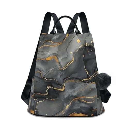 Image of Fustylead Abstract Black Gold Cracks Liquid Watercolor Marble Women Backpack Purse Anti-theft Lightweight Shoulder Bag