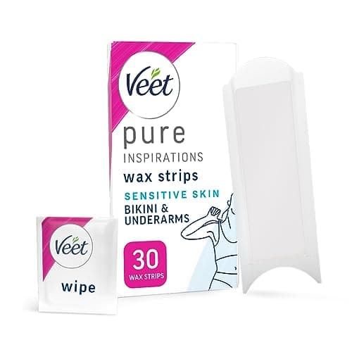 Image of Veet Pure Cold Wax Strips for Bikini & Underarm, Sensitive Skin, 30 Count + 3 Wipes, Root Hair Removal, 28 Days Smoothness, Hypoallergenic Formula, Packaging Varies