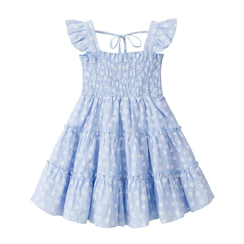 Image of Eqenkely Toddler Girl Princess Dress Kids Sleeveless Ruffle Dresses Summer Outfits Beach Sundress B:Blue 5-6 Years