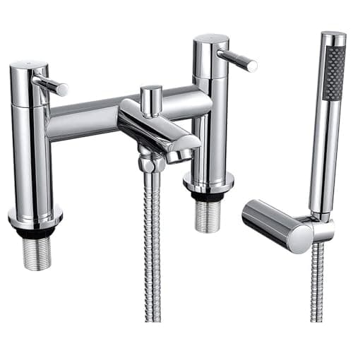 Image of WasserRhythm Bath Mixer Taps with Shower Attachment Bathroom Tub Filler Tap Dual Lever Mixers Mono Monobloc Two Holes Chrome Brass 2 in 1 Bathtub Faucet with Handheld Shower Modern Deck Mounted