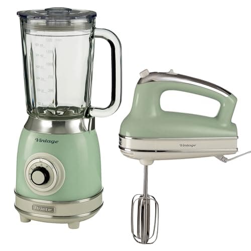 Image of Ariete Vintage Hand Whisk AR4805 & Blender AR8305, Retro Style Food Prep Set with Stainless Steel Blades, Multiple Speed Settings & Easy-Clean Design, Green