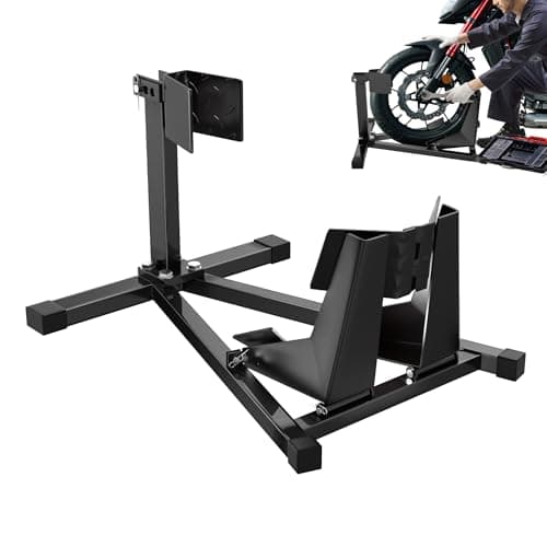 Image of YEATHOR Motorcycle Front Wheel Stand Heavy-Duty Motorbike Wheel Chock Maintenance Stand Metal Non Slip Adjustable for Tyre 17-21 Inches Universal Holder Support for Crusier Ebikes Dirt Bikes