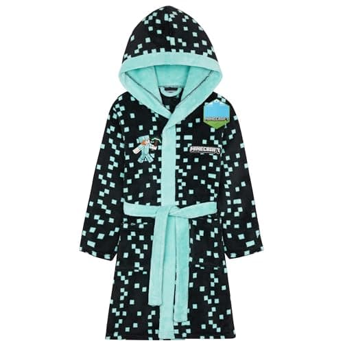 Image of Minecraft Dressing Gown for Boys Fleece Hooded Bathrobe with Pockets Creeper Loungewear Nightwear Teens Gamer Gifts for Boys (11-12 Years, Teal)