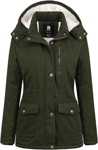 Image of Pursky Women's Winter Coat Warm Cotton Military Jacket Thicken Sherpa Lined Parka with Removable Hood, Army Green, M