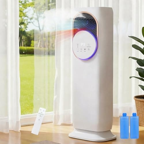 Image of MoraRise Evaporative Air Cooler for Home, 4-in-1 Portable Air Cooler & Tower Fan Heater with 4L Water Tank, 120° Oscillating Cooling Fan with 2 Ice Packs, 12H Timer, Humidifier (White, Round)