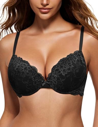 Image of WingsLove Women's Push up Bra Floral Lace Padded Underwire Bra Demi Plunge (Black 34B)