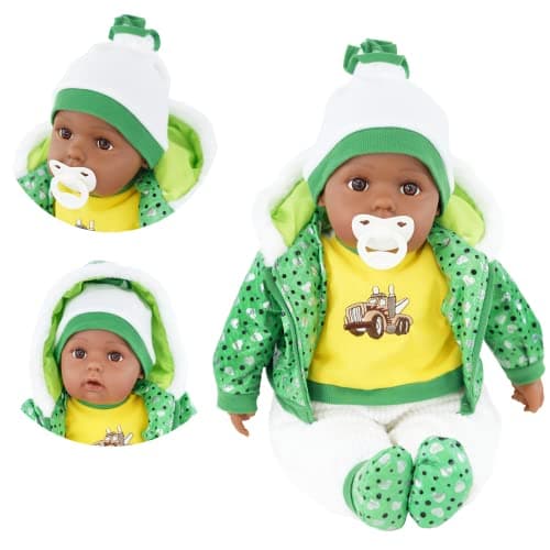 Image of BiBi Doll 20" Black Ethnic Baby Boy Doll - Large Lifelike Size, Soft Body, with Dummy & Sounds in Green Outfit, Toy for Boys & Girls Aged 18 Months+