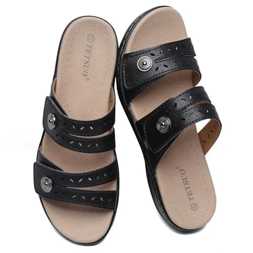 Image of TETSUO Black Sandals for Women Flat Dressy Open Toe Comfortable Walking Sandal Arch Support Slide Sandals Adjustable Strap Slip On Ladies Summer Sandals