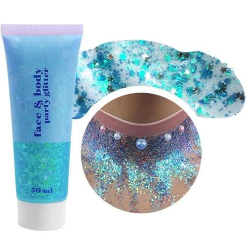 Image of Beliky Girl Body Glitter Gel,50ML Face&Body Gel Shimmer Liquid Eyeshadow,Mermaid Holographic Sequins,Chunky Glitter for Face Hair Nails, New Year, Valentine's Day Festival Rave Accessories(Lake Blue)