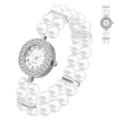 Image of jojofuny Pearl Bracelet Watch for Women - Double Row Elasticated Faux Bead Strap - Elegant Ladies' Wristwatch with Sparkling Rhinestones - Vintage Jewellery Gift for Mother, Wife & Daughter