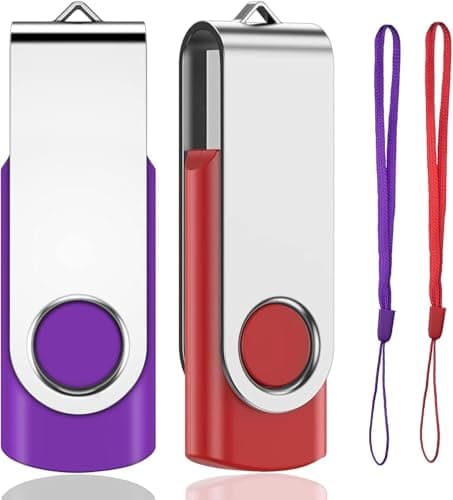 Image of 128GB USB Memory Stick 2 PACK USB 2.0 Flash Drive Pen Drive Swivel Design Photo USB Sticks Fold Storage (Red/Purple With Lanyard)