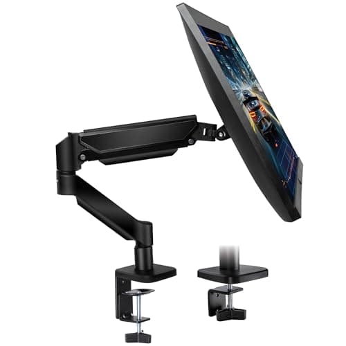 Image of Futura Single Monitor Arm Desk Mount, Gas Spring Adjustable Stand for 13-32 Inch Screens, VESA 75x75 & 100x100mm, Holds Up to 9kg, Full Motion Tilt Swivel Rotation, Clamp & Grommet Monitor Mount