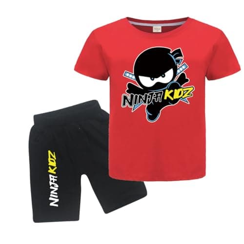 Image of Forlcool Ninja Prints Kids Summer 100% Cotton T Shirts and Shorts 2pcs Clothing Sets Boys Girls Casual Sport Suits (Red,11-12 Years)