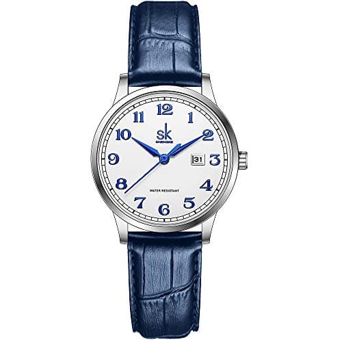 Image of SHENGKE SK Classic Business Women Watches with Stainless Steel Band and Genuine Leather Elegant Ladies Calendar Watch(Arabic Number-Blue Leather)