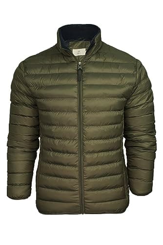 Image of Xact Men's Insulated Funnel Neck Quilted Puffer Jacket, Soft Fleece-Lined Collar, Front Zipped Hand Pockets (Khaki) L