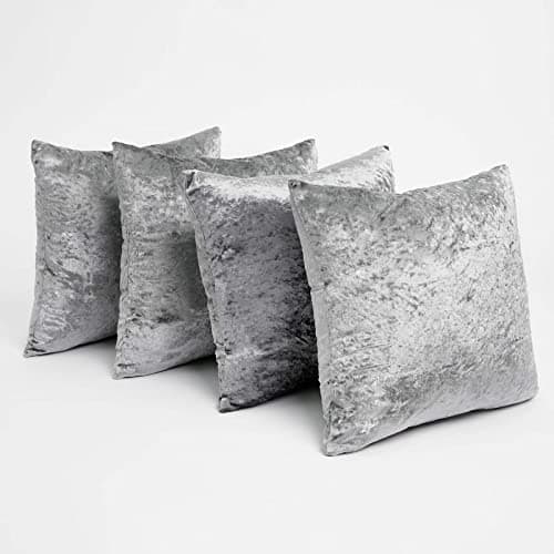 Image of Sienna Crushed Velvet Pack of 4 Cushion Covers 18 x 18 for Living Room Bedroom Plain Decorative Luxury Home Bed Sofa - 45 x 45cm, Silver Grey