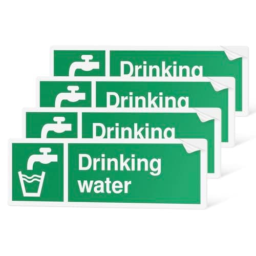Image of Drinking Water Sign | 4 Pack | 15 x 5cm | Self Adhesive Safety Stickers | Gloss Finish