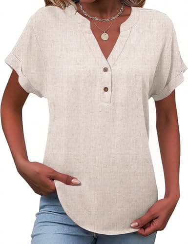 Image of Tisfeer Womens Blouse Summer Linen Short Sleeve T-Shirt Button Down V Neck Dressy Casual Baggy Tunic Tops Solid 2026 Trendy Clothes(White Linen,M)