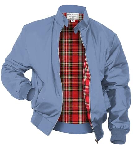 Image of Mega_Jumble Mens Vintage Harrington Jacket Classic Retro Mod Skin Scooter 1970's Bomber Tartan Check Lining Retro Style Coat (UK, Alpha, L, Regular, Regular, Sky Blue)