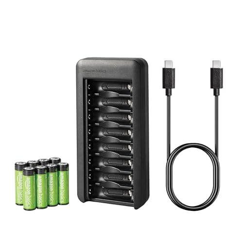 Image of Amazon Basics Rechargeable AA NiMh Batteries with 8-Bay Battery Charger, USB-C Port, No AC Power Adapter, 8 Count (Pack of 1)