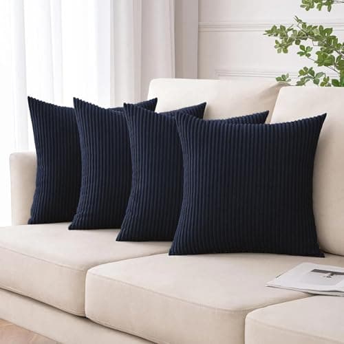 Image of Moonlight Bedding Corduroy Cushions with Covers included Navy Pack of 4 (4 covers, 4 inserts) 45 x 45 cm Decorative Stripe Throw Pillow Cases with Invisible Zipper for Living Room Bed Sofa