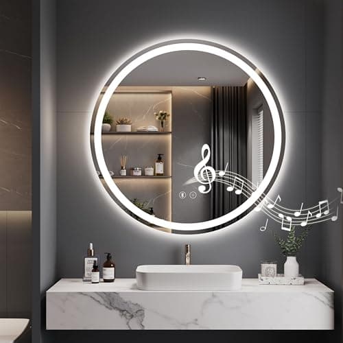 Image of Dripex 600 mm Bluetooth Round LED Bathroom Mirror, Illuminated Circle Bathroom LED Mirror with Speaker, Anti-fog, Wall Mounted, 3 Lighting Modes, Dimmable, Front+Backlit, IP44