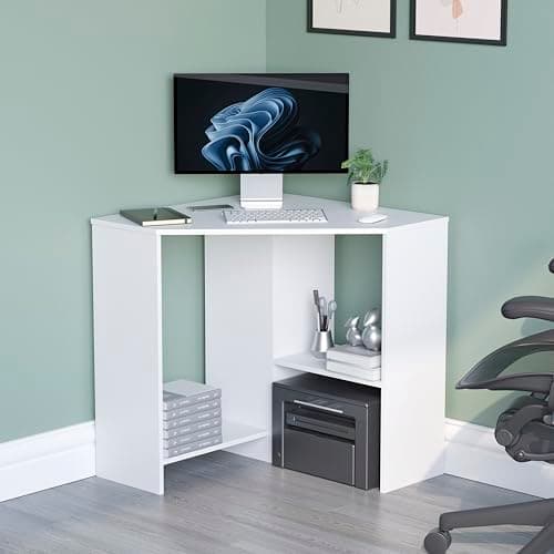 Image of Vida Designs Hetton Corner Computer Desk with Shelves, Home Office PC/Laptop Table, Gaming Study Workstation, Furniture, White