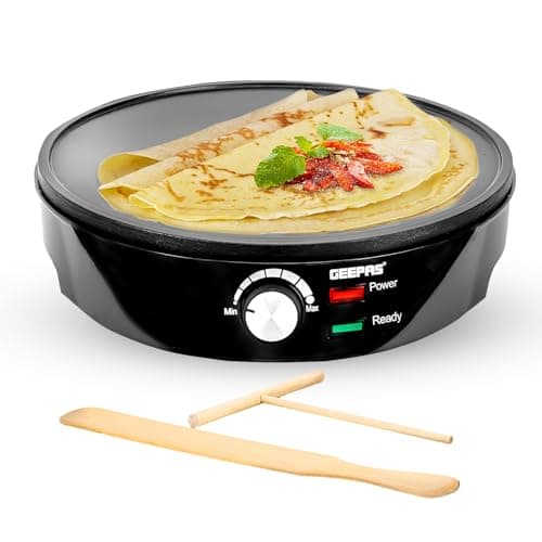 Image of Geepas 1000W Pancake & Crepe Maker - Electric Non-Stick Cooking Plate with Adjustable Temperature Control - Power & Ready Lights Wooden Spreader & Spatula Included - 2 Year Warranty