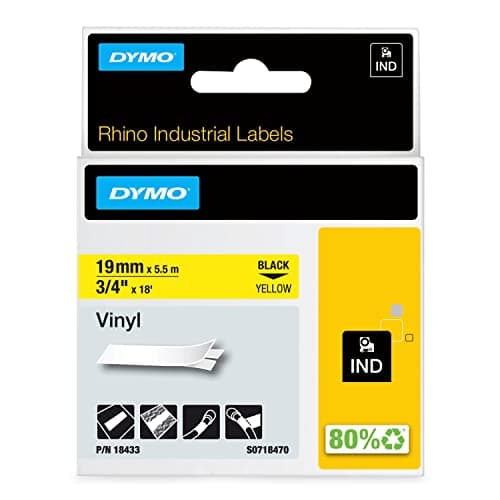 Image of DYMO Rhino Industrial Vinyl Labels | 19 mm x 5.5 m | Black Print on Yellow | Self-Adhesive | for Rhino & LabelManager Label Makers