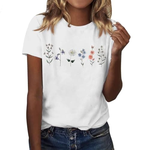 Image of Womens T Shirts Casual Vintage Wild Flowers Graphic Tops Summer Crew Neck Short Sleeve Comfy Tees(White, XXL) Hemden Damen