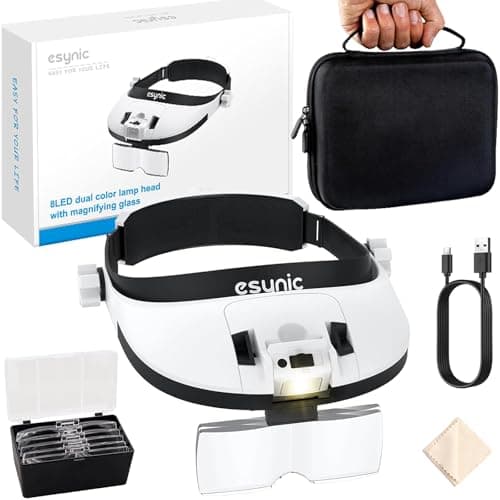 Image of eSynic Head Magnifying Glass with 8 LED Light Headband Magnifier 1X-6X Rechargeable Headmount Magnifying Light with Storage Case| 5 Lenses| Adjutable Warm&Cold Head Lamp for Hobbies Reading Craft etc