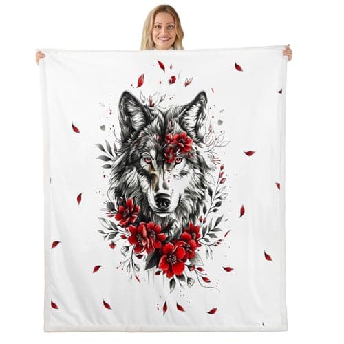 Image of Homemissing Wolf Sherpa Blanket Queen 90x90Inch Rose Fleece Throw Blanket for Bed Sofa Couch Romantic Red Rose Floral Plush Blanket Fantasy Wildlife Print Fuzzy Blanket