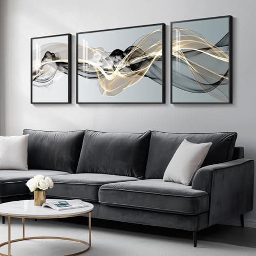 Image of Large Framed Modern Luxury Abstract Wall Art for Living Room, 3 Piece Minimalist Prints Paintings Artwork for Walls, Black White Gold Abstract Line Pictures for Hallway Dining Bedroom Office Wall