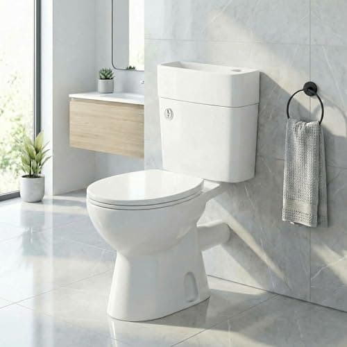 Image of Baystone® Toilet with Basin on Top, 2-in-1 Close Coupled WC & Wash Basin, Dual Flush Cistern, Soft Close Seat, Space-Saving Cloakroom Bathroom, White Gloss