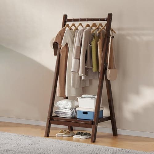 Image of DODOBD Foldable Wooden Clothes Rail - Hanging Rail for Clothes with Bottom Shelves for Storage,Sturdy Garment Rack,Coat Stand for Corridor Living Room Bedroom Hallway, L : 60/80/100/120cm
