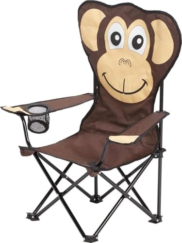 Image of LIZZIE JACOBS Kids Folding Camping Chair with Armrest and Cup Holder Cute Animal Frog & Monkey Design Foldable Chair for Beach, Fishing, & Backyard 110lbs Capacity for Boys & Girls (Monkey Brown)