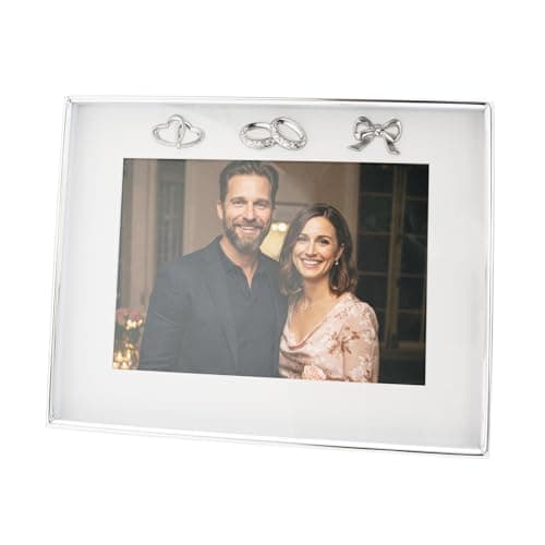 Image of Happy Homewares Modern 5x7 Picture Frame in Silver Plating with Rings and Hearts Icons with Clear Diamante Crystals | Wedding Engagement or Anniversary
