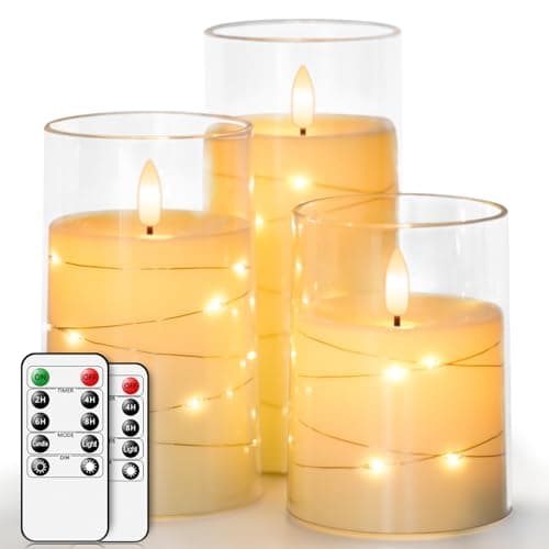 Image of salipt LED Flameless Candles, Battery Operated Flickering Candles, Moving Flame Electric Candle Sets Glass Effect with Remote Timer, Set of 3, H 4" 5" 6" - Fairy Lights Ivory