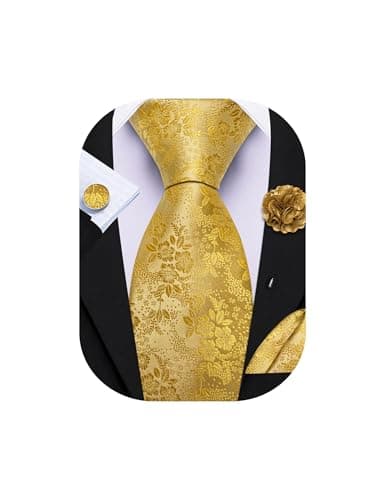Image of Barry.Wang Gold Tie with Flower Lapel Pin for Men Floral Silk Necktie Pocket Square Cufflinks Set Formal Wedding Party Business