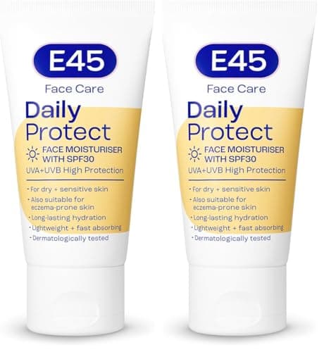Image of E45 SPF 30 Face Moisturiser - Hydrating Daily Cream with UVA/UVB Protection for Dry, Sensitive & Eczema-Prone Skin - 50 ml (Pack of 2)