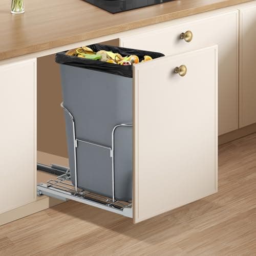 Image of Garvee Pull Out Trash Can Under Cabinet, Kitchen Cupboard Cabinet Bin with 33.1L Trash Can & Soft-Close Slides, Easy to Install Smooth Pull-Out Design with Metal Frame for Recycling and Waste