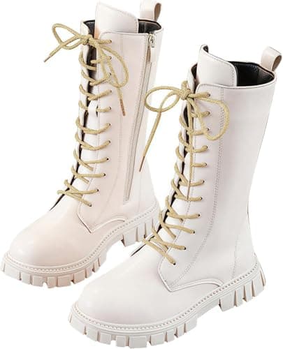 Image of Girls Combat Boots Mid Calf Zipper Lace Up Classic Fashion Kids Winter School Shoes Teen Girl PU Leather Punk Goth Cowgirl Boot UK Size 9 White Gold
