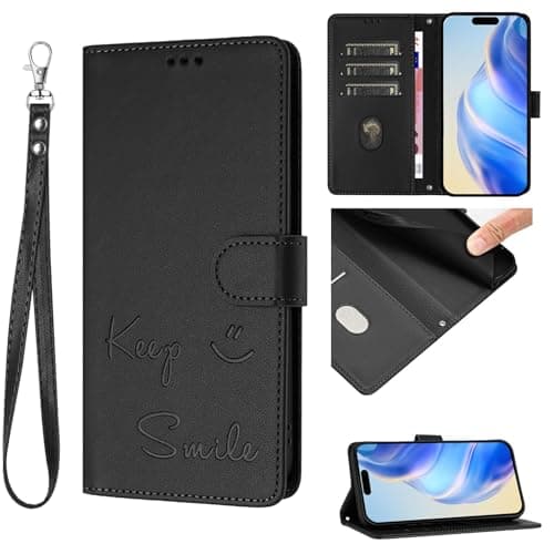 Image of Ymyhyuxi Flip Wallet Case for Huawei Nova 8i, Keep Smile Embossed Leather Cover with Card Slots, RFID Blocking, Kickstand, Wrist Strap Black.