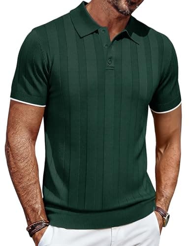 Image of COOFANDY Polo Shirts for Men Adult Striped Knit Polo Shirt Short Sleeve Button Down Shirts Smart Casual Tops for Summer Green S