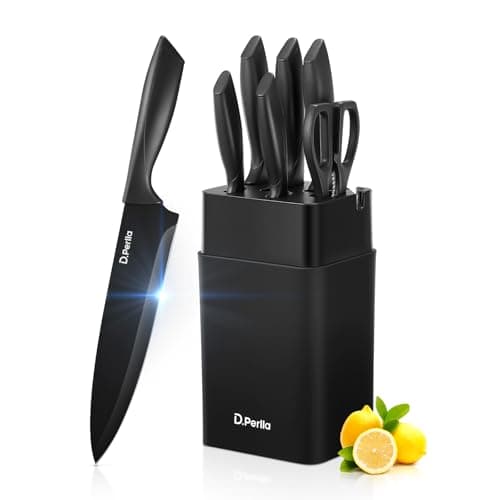 Image of D.Perlla Knife Set, 7 Pieces Kitchen Knife Set with Built-in Sharpener, Non-Stick & No Rust, Black Coating Stainless Steel Knife Set, Sharp Chef Knife Set with Universal Knife Block, Dishwasher Safe