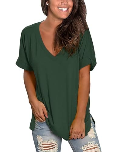 Image of Voqeen Oversized T-Shirts for Women Tops Short Sleeve V Neck Basic Summer Tee Tops Ladies Solid Casual Loose Shirts Dark Green