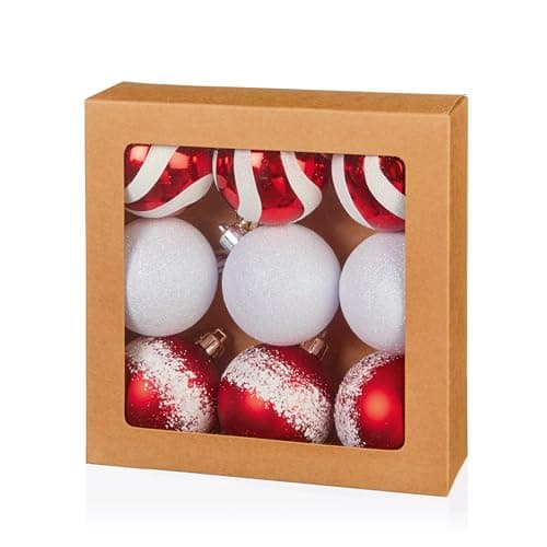Image of Premier Decorations Set of 9 x 6cm Shatterproof Baubles - Red/White – Assorted Finishes - Luxury Baubles - Christmas Baubles - Christmas Tree Decorations, Hanging Christmas Decorations