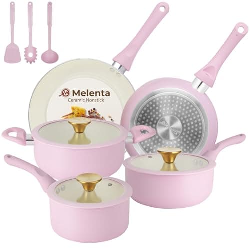 Image of M MELENTA Pots and Pans Set Non Stick, 11 Piece Ceramic Induction Hob Pan Set, Non Toxic Cookware Set with Frying Pans, Saucepan Set, 100% PFOA Free, Pink