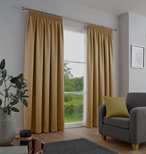 Image of Fusion - Ochre Curtains W46 x L72" (117 x 183cm) - 100% Cotton - 2x Panels - Pencil Pleat Curtains in Ochre - Soundproof Curtains & Thermal Curtains for Bedroom - Yellow Pleated Curtains & Drapes